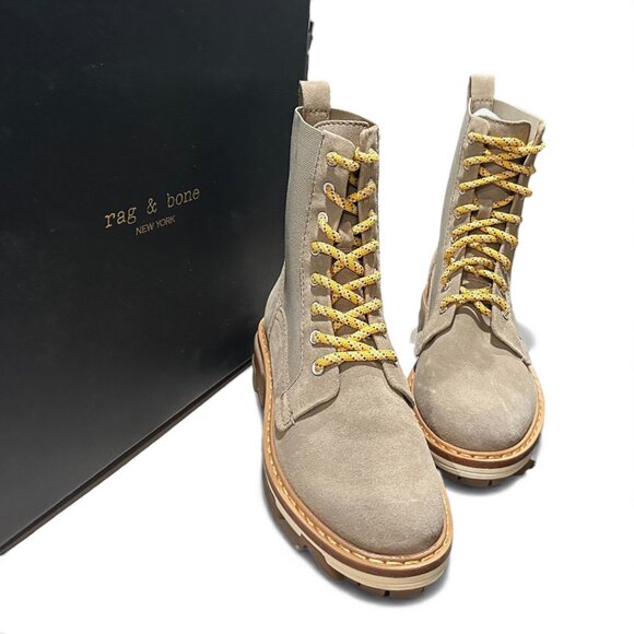 rag & bone $ 595 Shiloh Leather Suede Combat Boots Light Sand Women’s 7 EU 37 - Picture 4 of 13